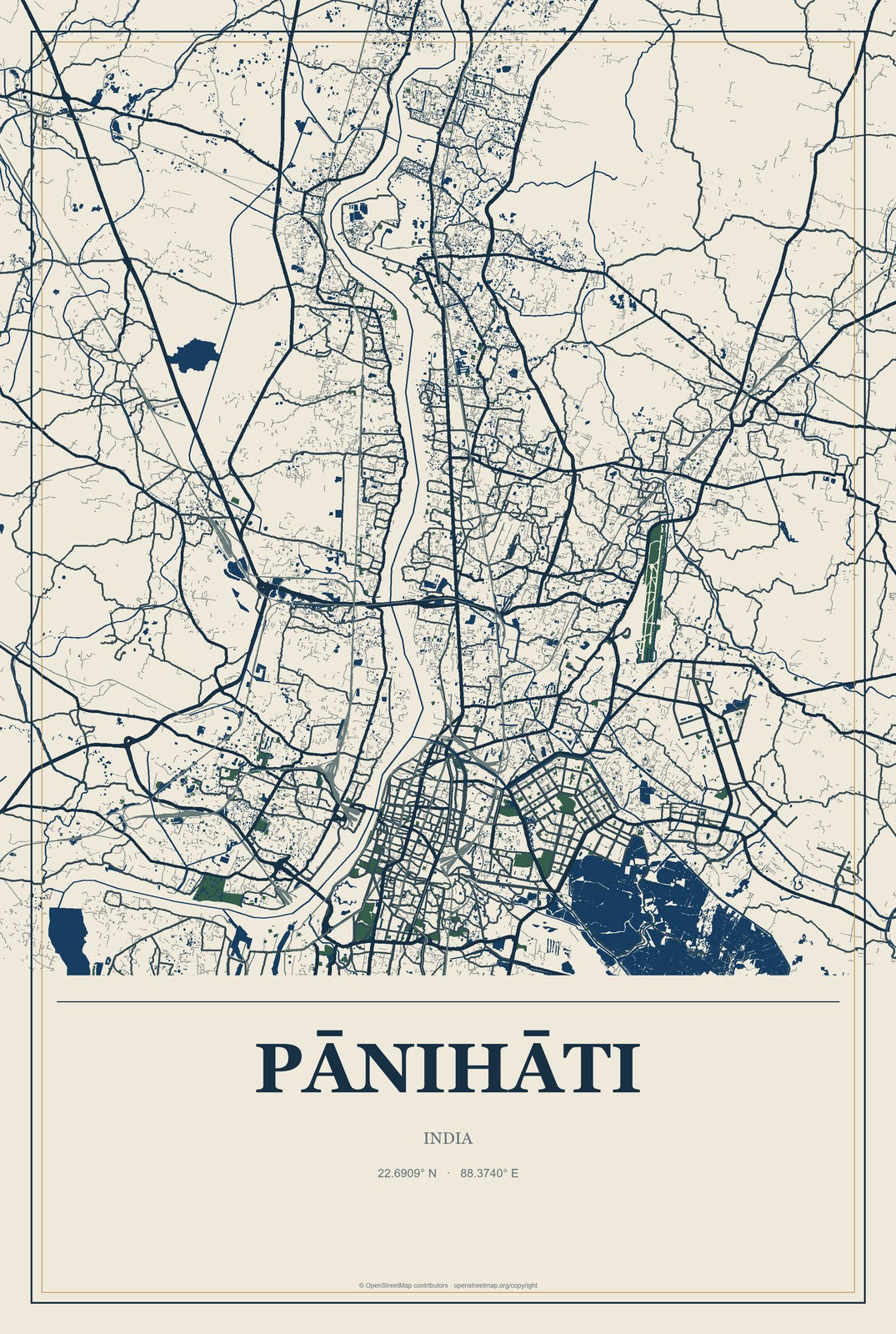 Pānihāti, India City Map Aluminum Sign in Coastal Cutout style