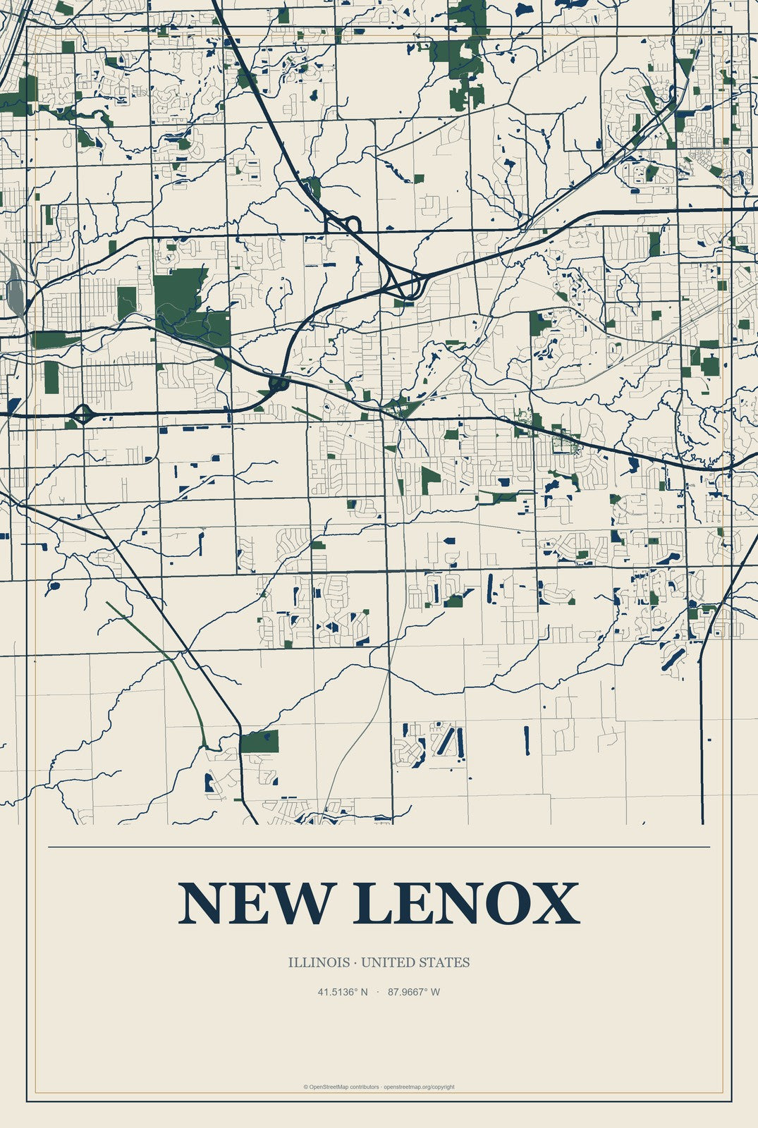 New Lenox, Illinois City Map Aluminum Sign in Coastal Cutout style