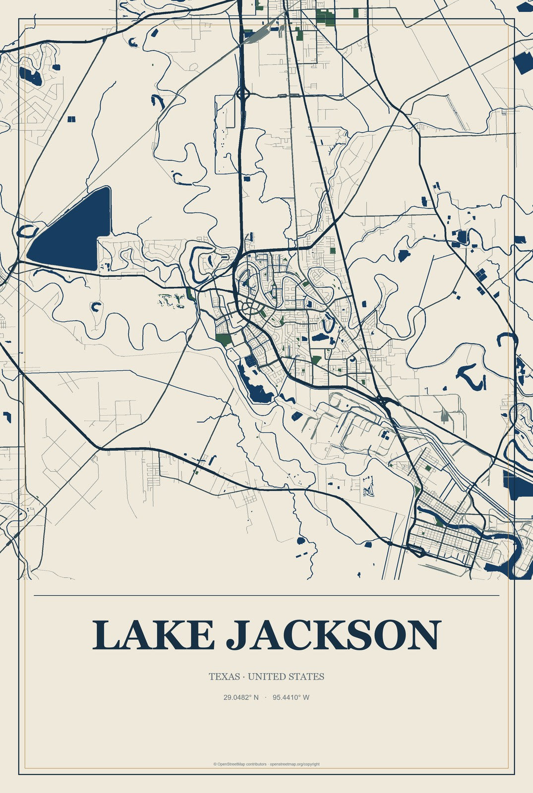Lake Jackson, Texas City Map Aluminum Sign in Coastal Cutout style