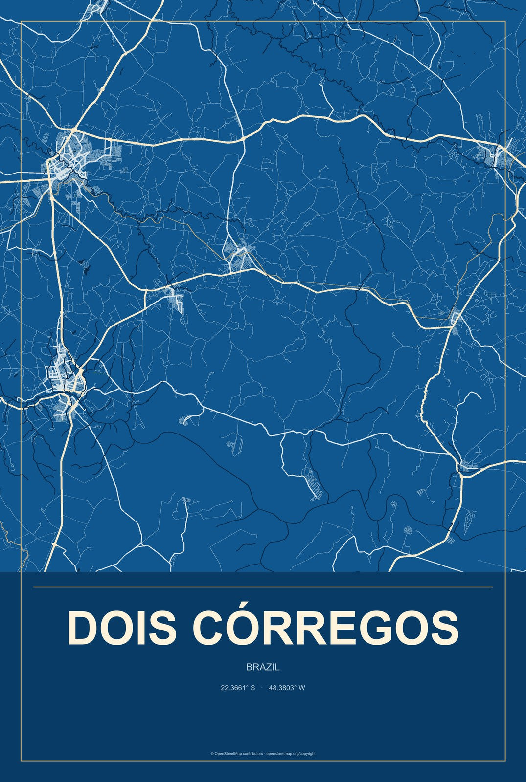 Dois Córregos, Brazil City Map Aluminum Sign in Harbor Cobalt style