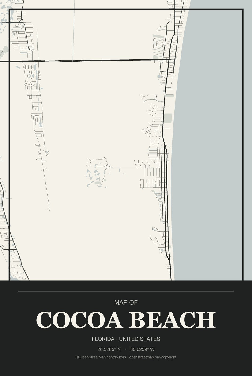 Cocoa Beach, Florida City Map Aluminum Sign in Museum Plaque style