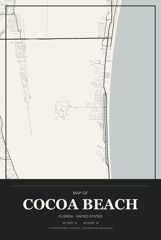 Cocoa Beach, Florida City Map Aluminum Sign in Museum Plaque style