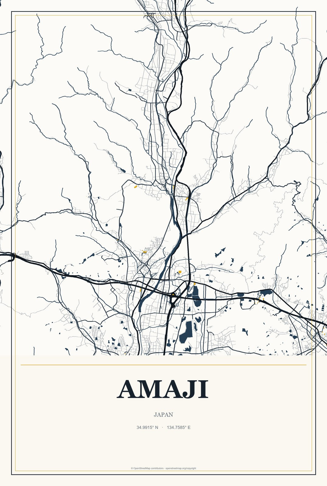 Amaji, Japan City Map Aluminum Sign in Citrine Modern style