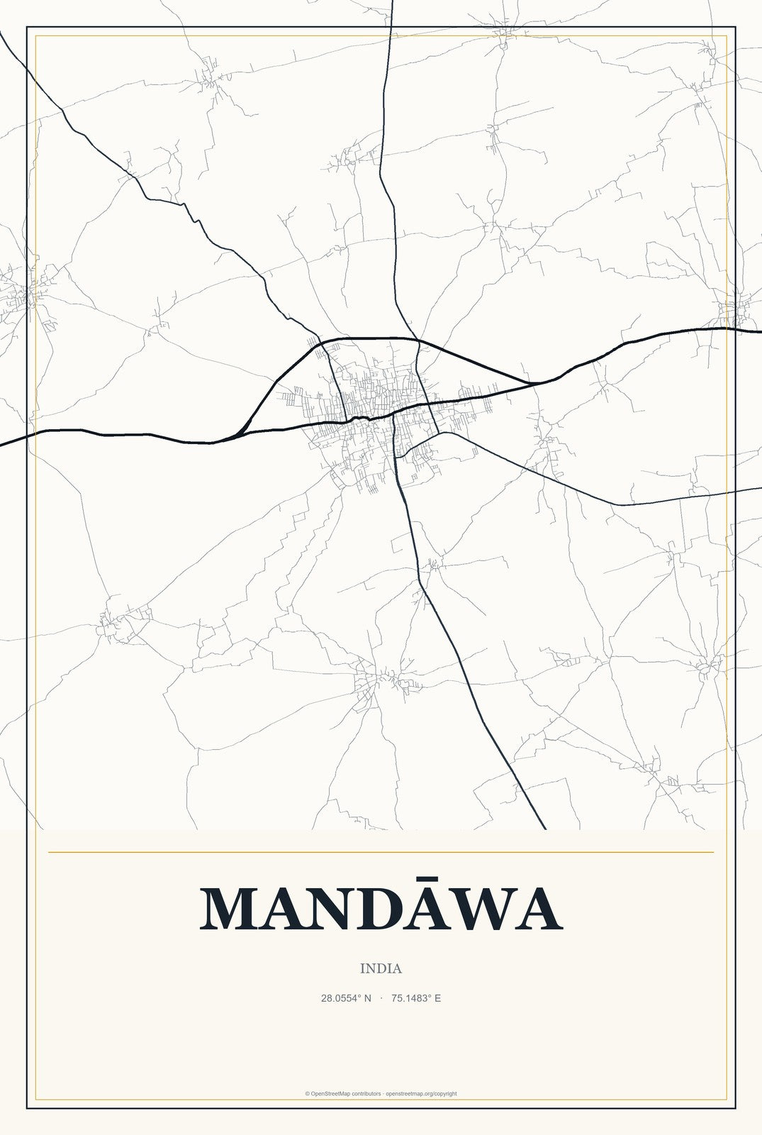 Mandāwa, India City Map Aluminum Sign in Citrine Modern style