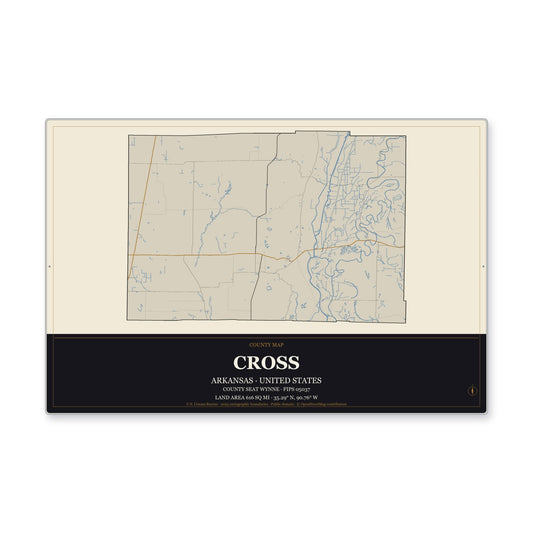 Cross County, Arkansas Map Aluminum Sign in Museum Plaque style