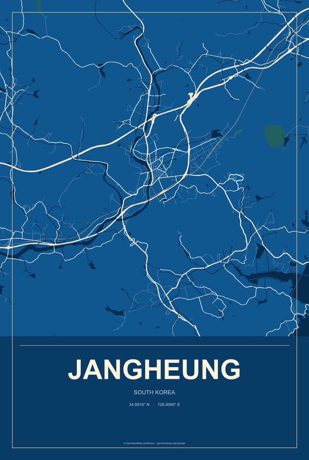 Jangheung, South Korea City Map Aluminum Sign in Harbor Cobalt style