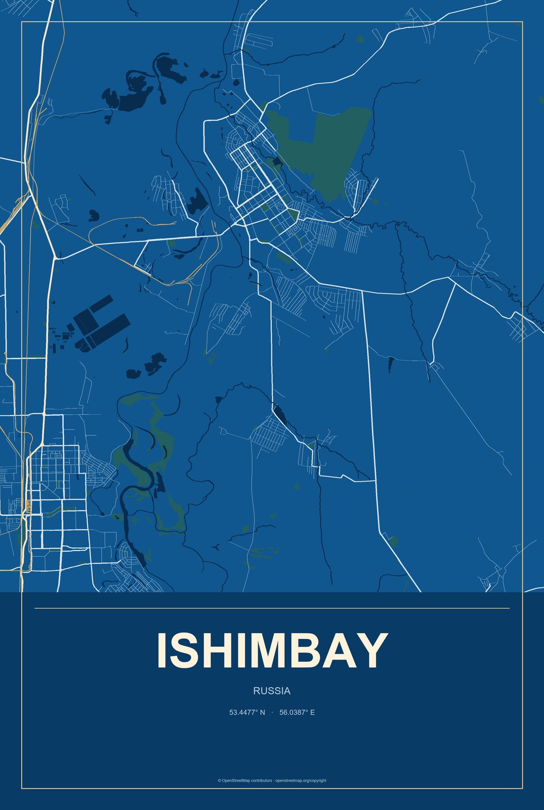 Ishimbay, Russia City Map Aluminum Sign in Harbor Cobalt style