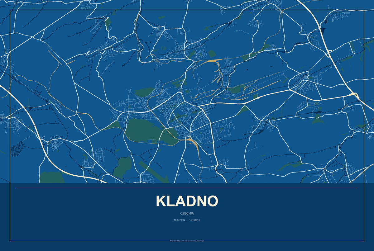 Kladno, Czechia City Map Aluminum Sign in Harbor Cobalt style
