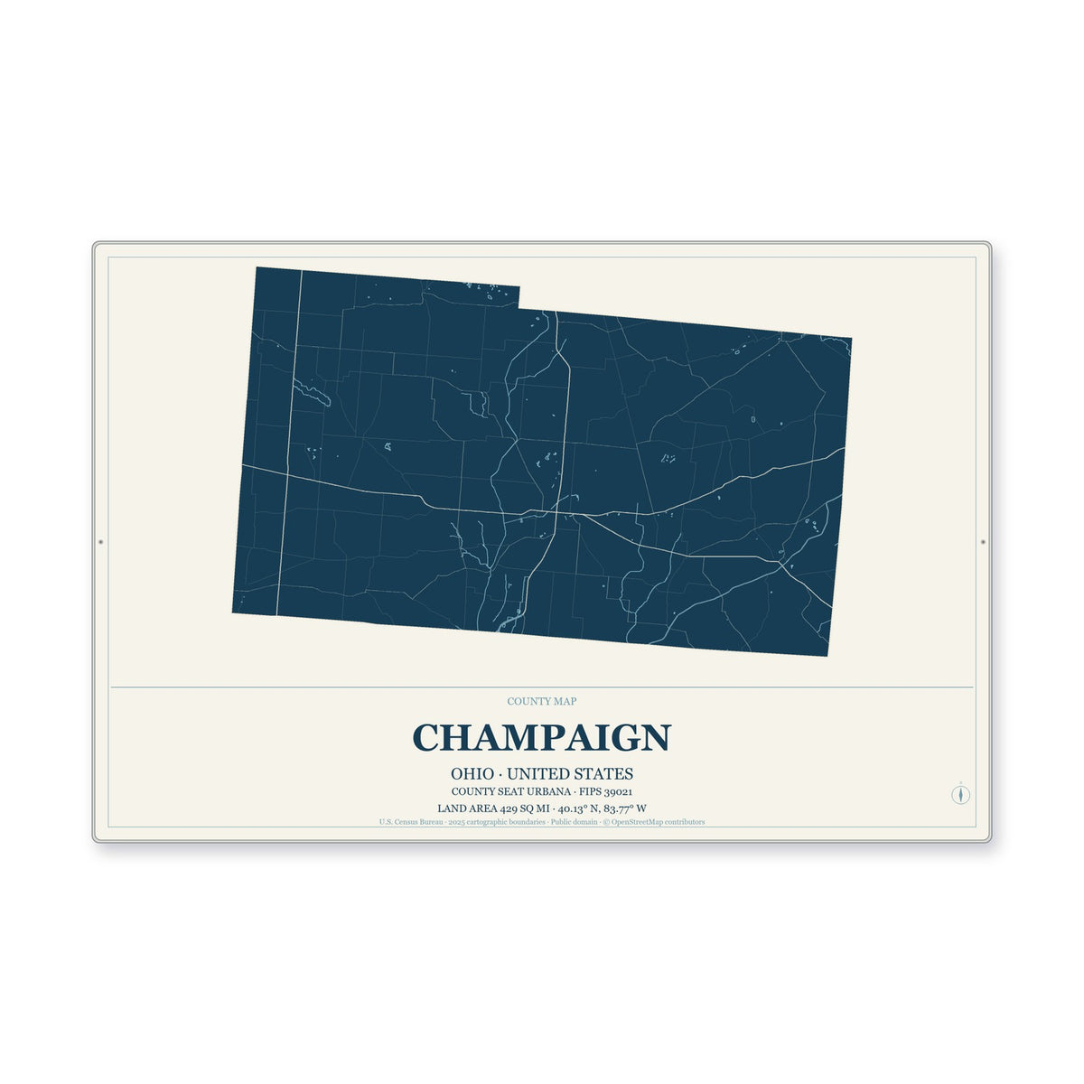 Champaign County, Ohio Map Aluminum Sign in Coastal Cutout style