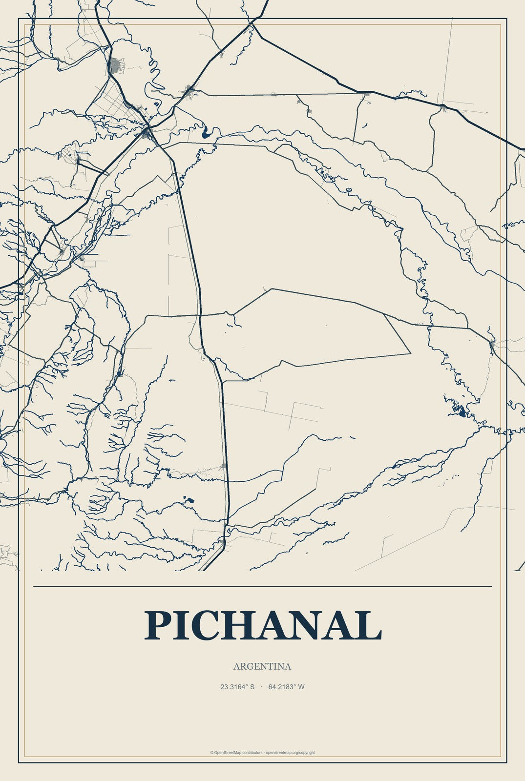 Pichanal, Argentina City Map Aluminum Sign in Coastal Cutout style