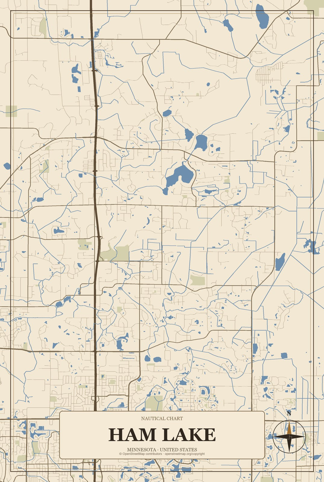 Ham Lake, Minnesota City Map Aluminum Sign in Heritage Nautical style