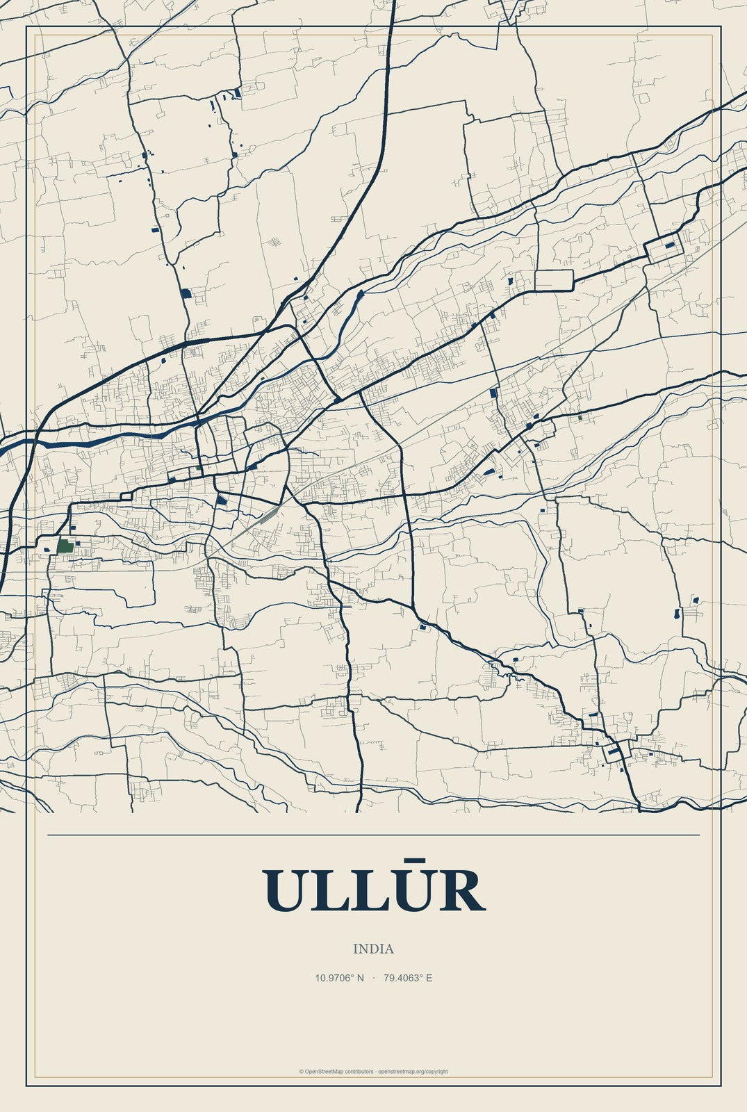 Ullūr, India City Map Aluminum Sign in Coastal Cutout style