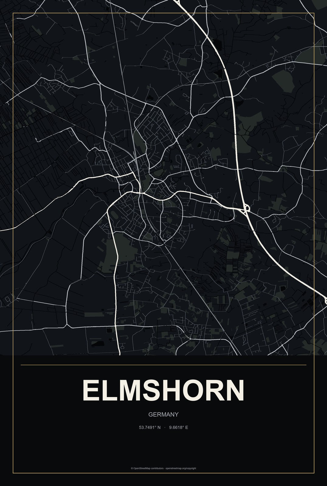 Elmshorn, Germany City Map Aluminum Sign in Metropolitan Noir style