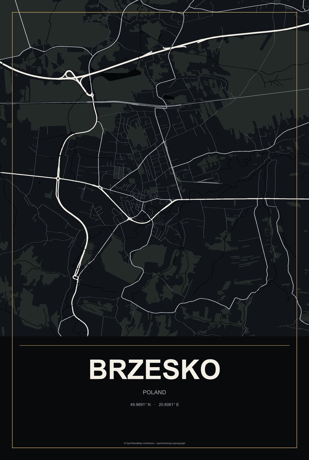 Brzesko, Poland City Map Aluminum Sign in Metropolitan Noir style