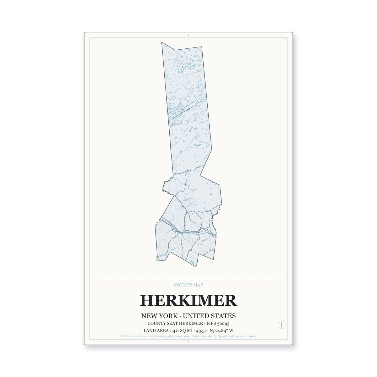 Herkimer County, New York Map Aluminum Sign in Gallery Air style