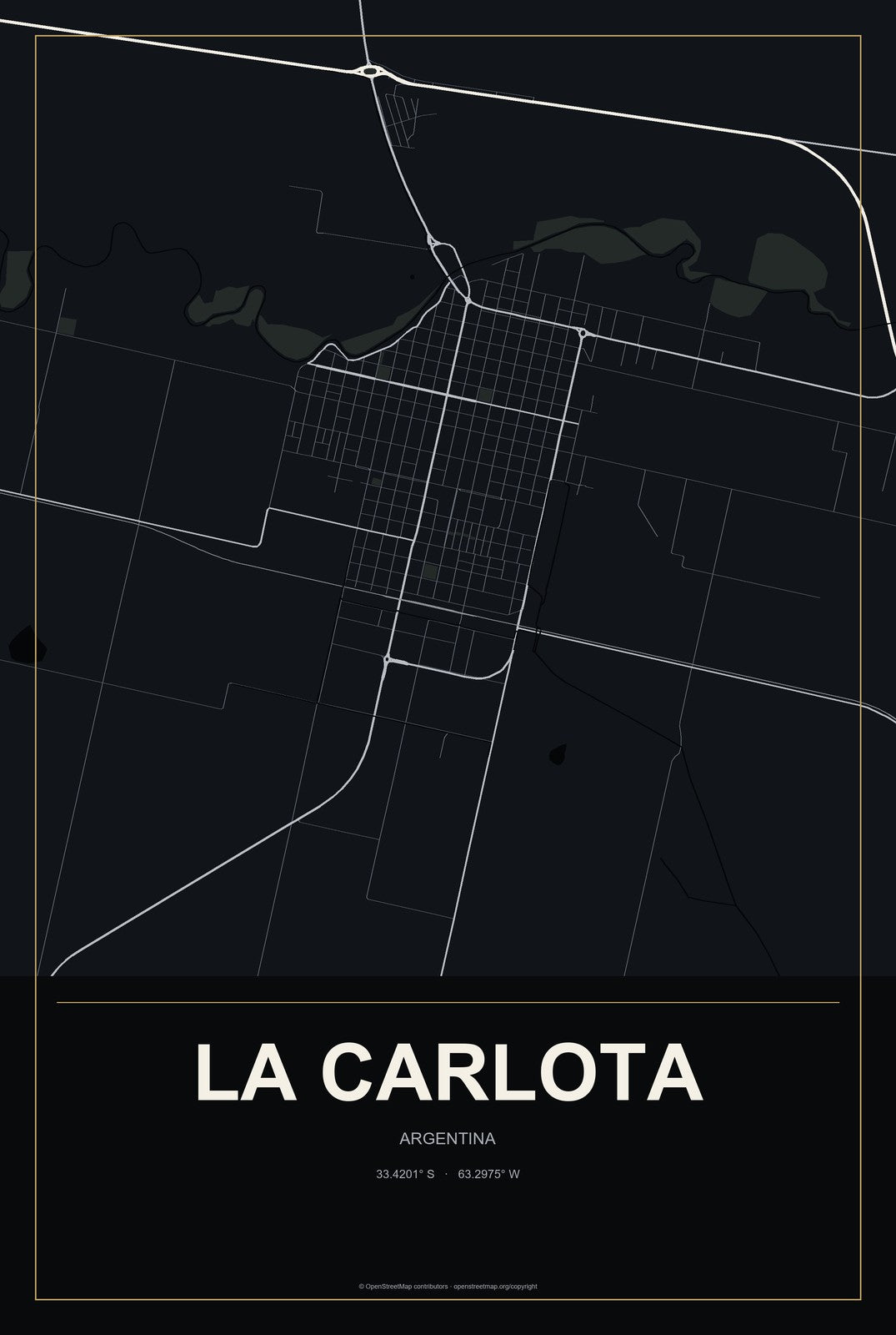 La Carlota, Argentina City Map Aluminum Sign in Metropolitan Noir style