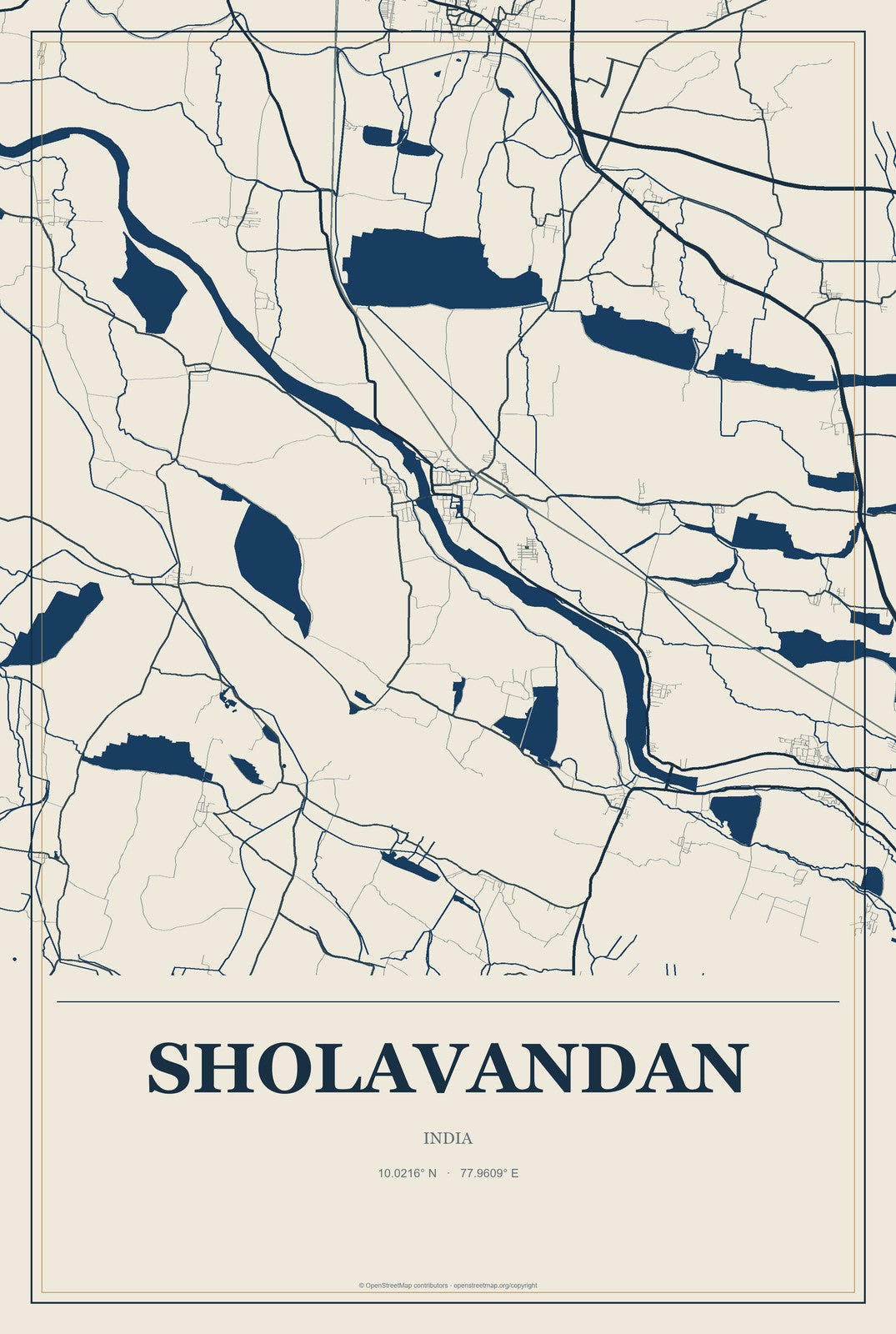 Sholavandan, India City Map Aluminum Sign in Coastal Cutout style
