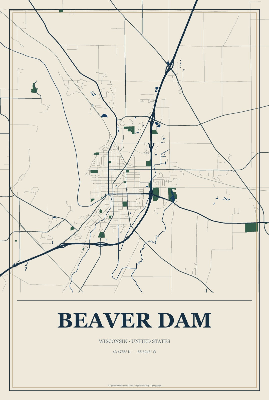 Beaver Dam, Wisconsin City Map Aluminum Sign in Coastal Cutout style