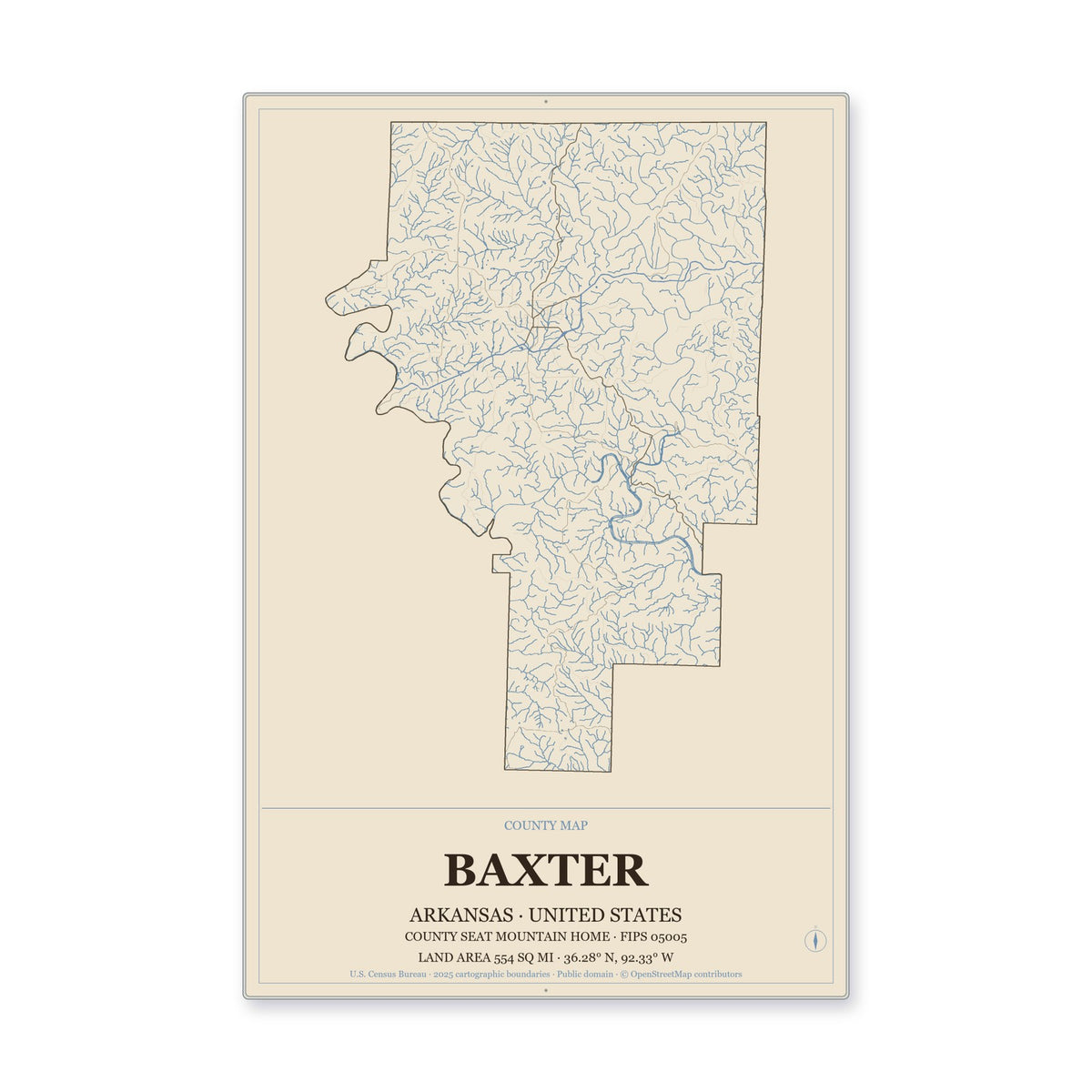 Baxter County, Arkansas Map Aluminum Sign in Heritage Nautical style