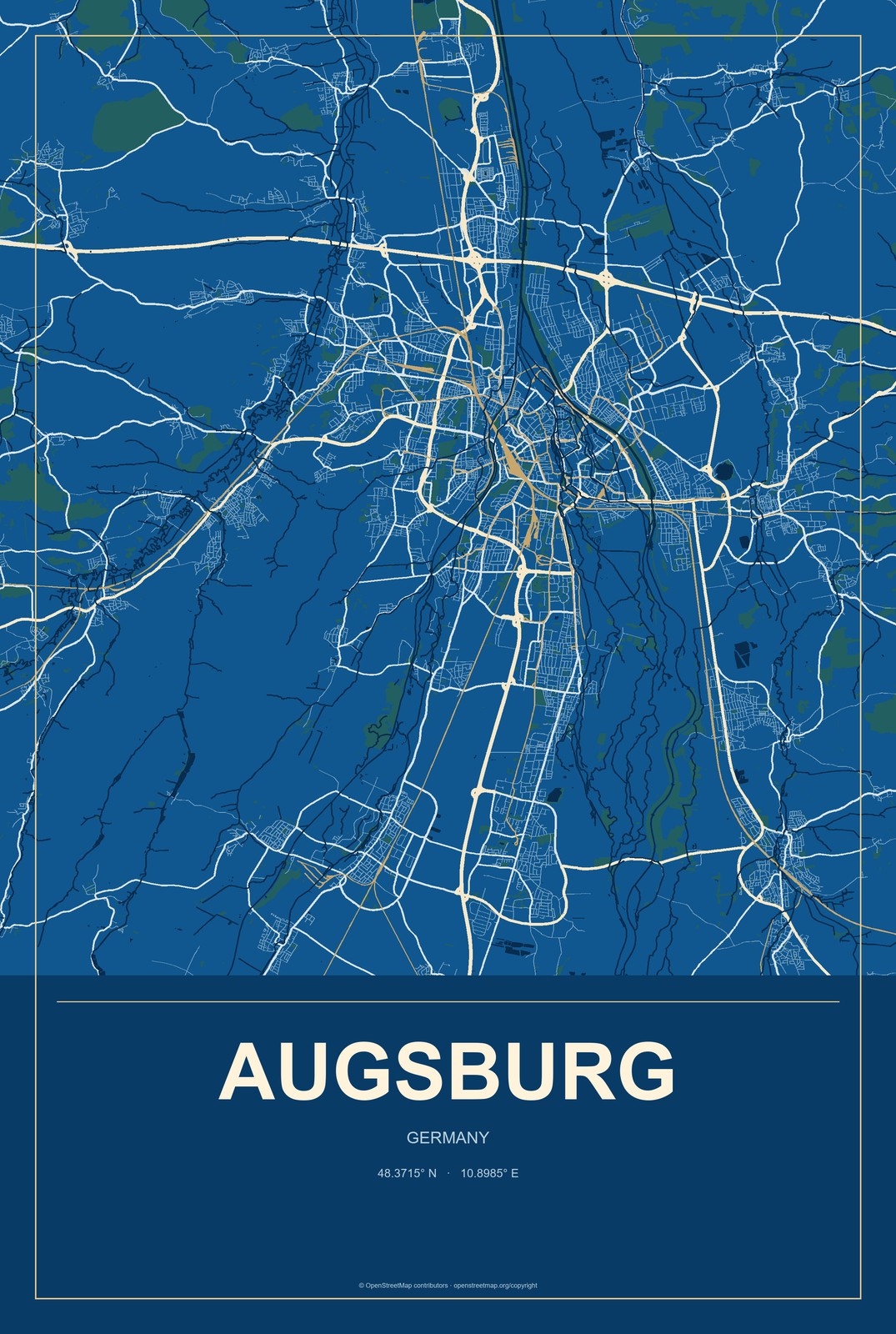 Augsburg, Germany City Map Aluminum Sign in Harbor Cobalt style