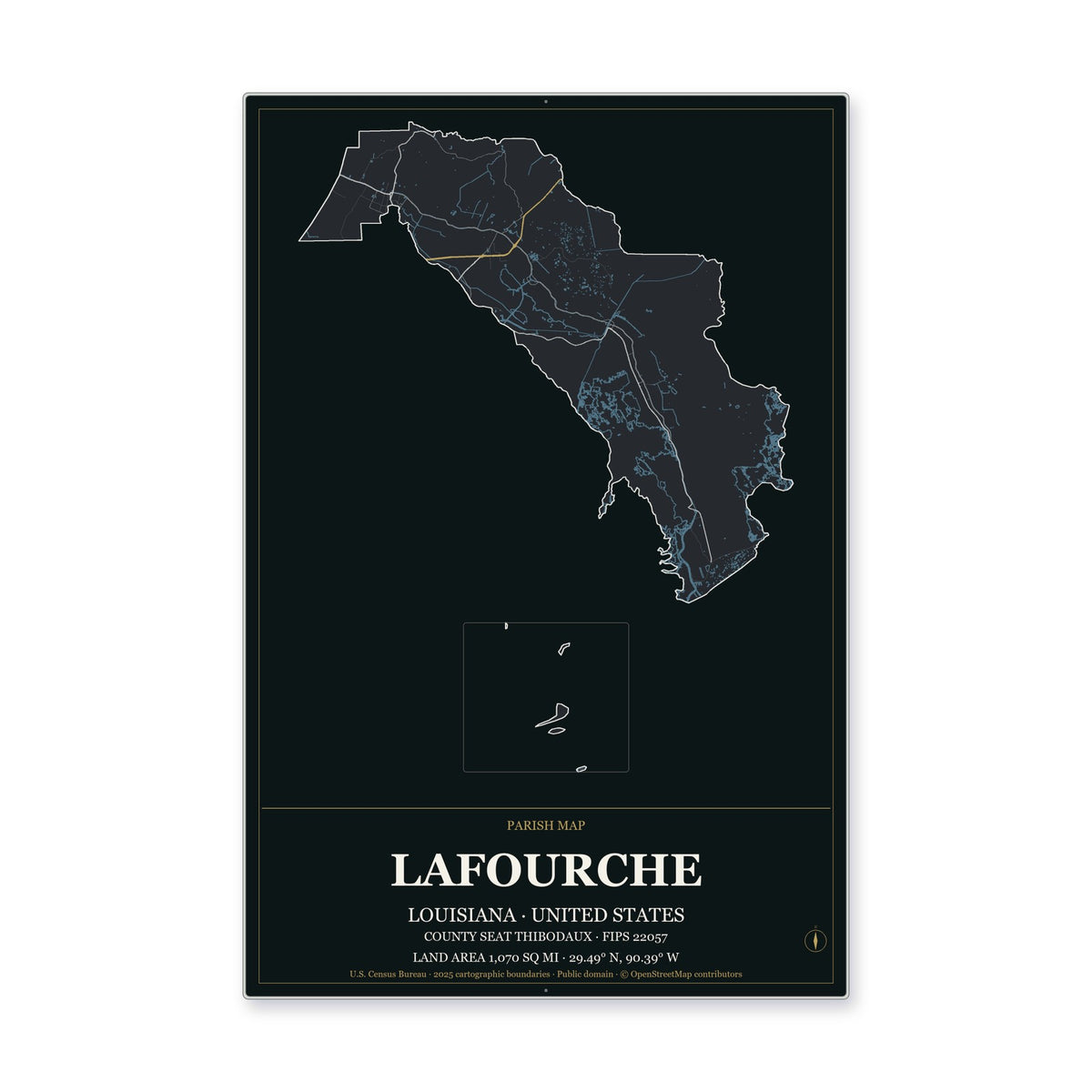 Lafourche Parish, Louisiana Map Aluminum Sign in Metropolitan Noir style
