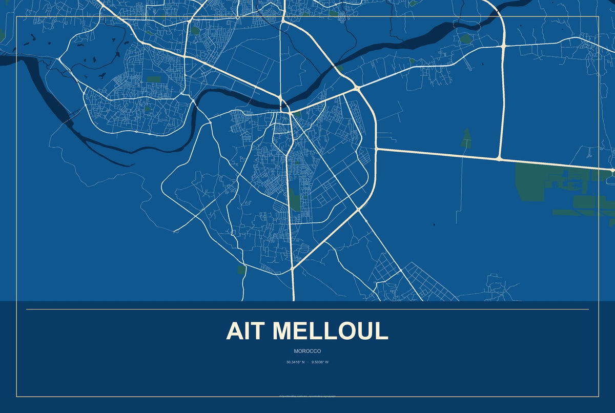 Ait Melloul, Morocco City Map Aluminum Sign in Harbor Cobalt style
