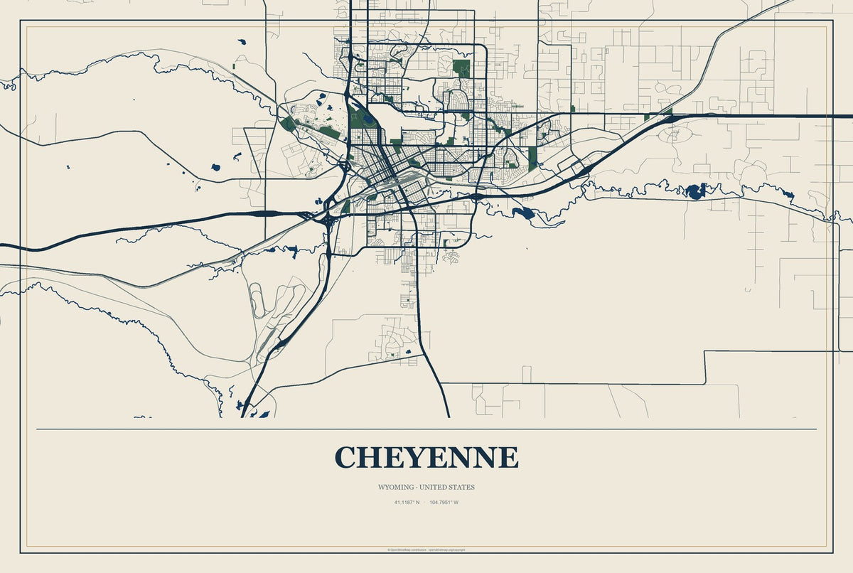 Cheyenne, Wyoming City Map Aluminum Sign in Coastal Cutout style