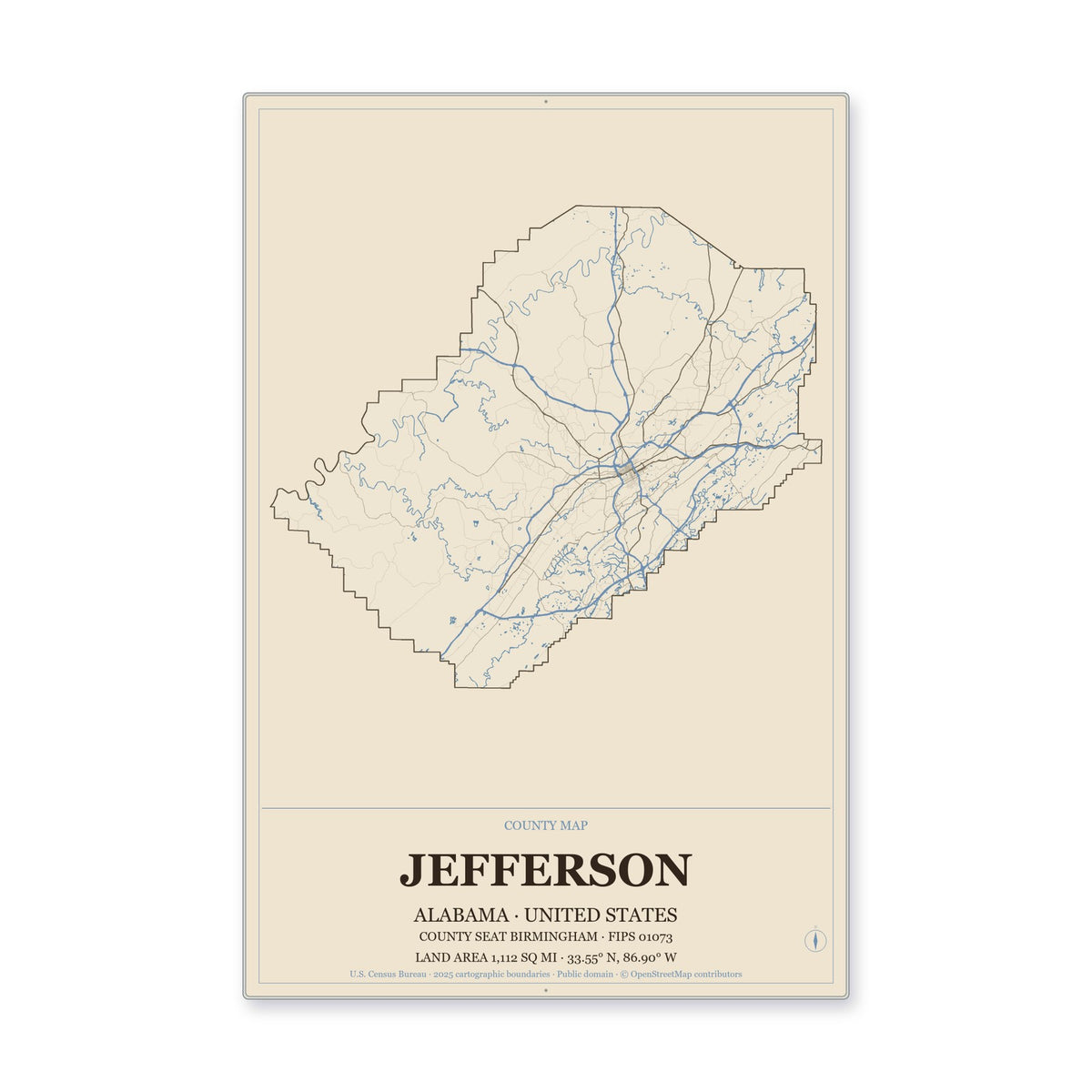 Jefferson County, Alabama Map Aluminum Sign in Heritage Nautical style