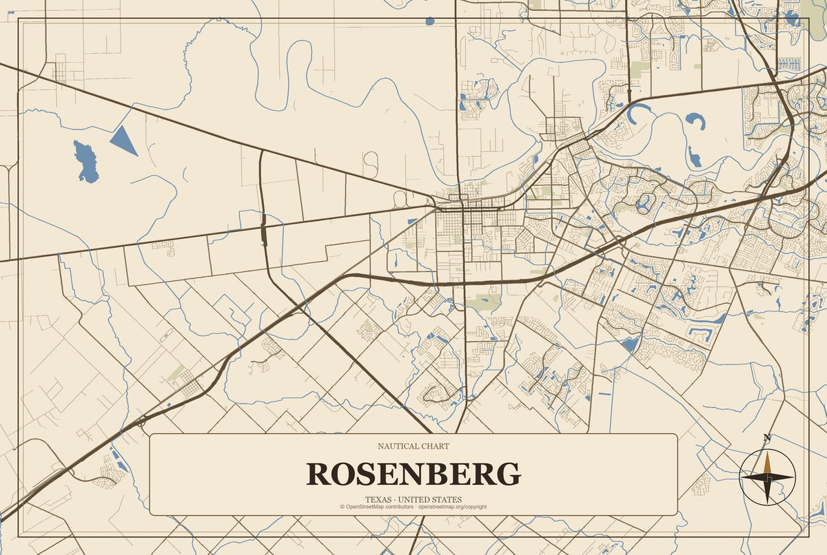 Rosenberg, Texas City Map Aluminum Sign in Heritage Nautical style