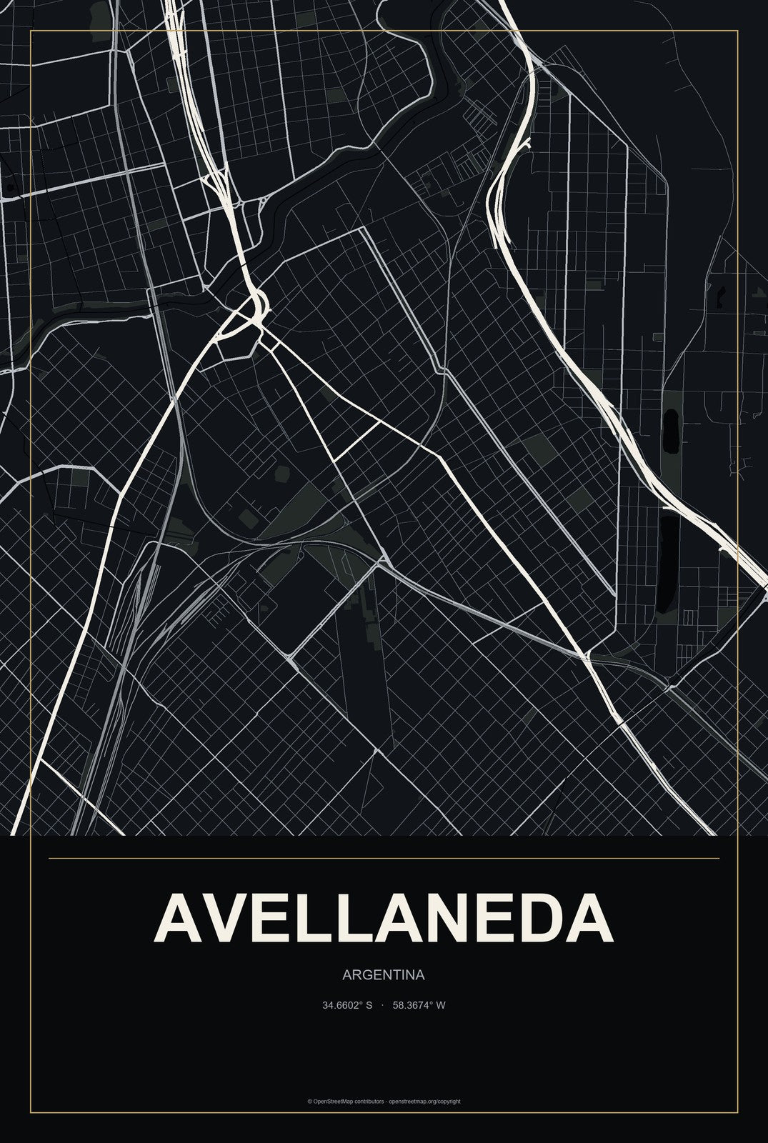 Avellaneda, Santa Fe, Argentina City Map Aluminum Sign in Metropolitan Noir style