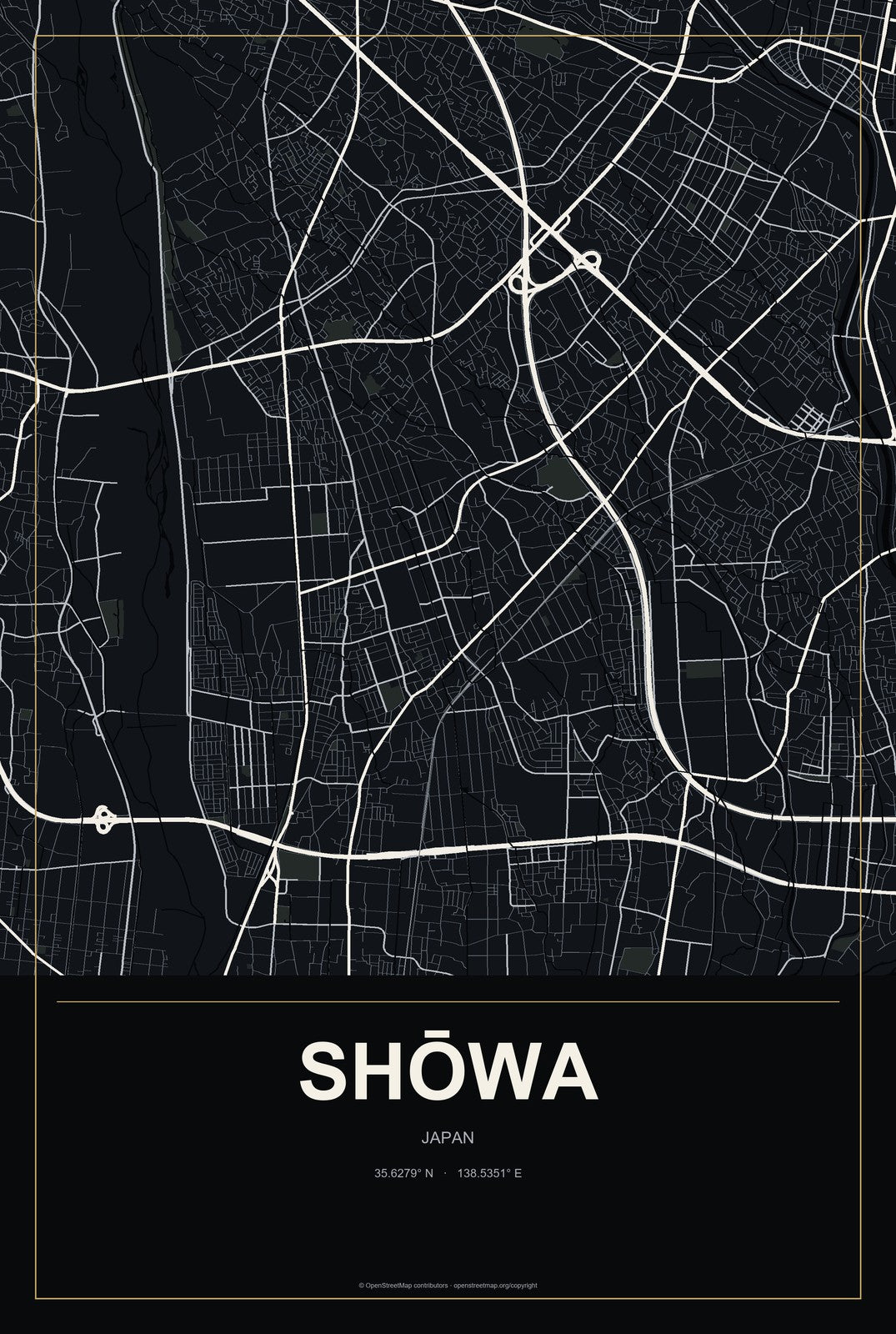 Shōwa, Japan City Map Aluminum Sign in Metropolitan Noir style
