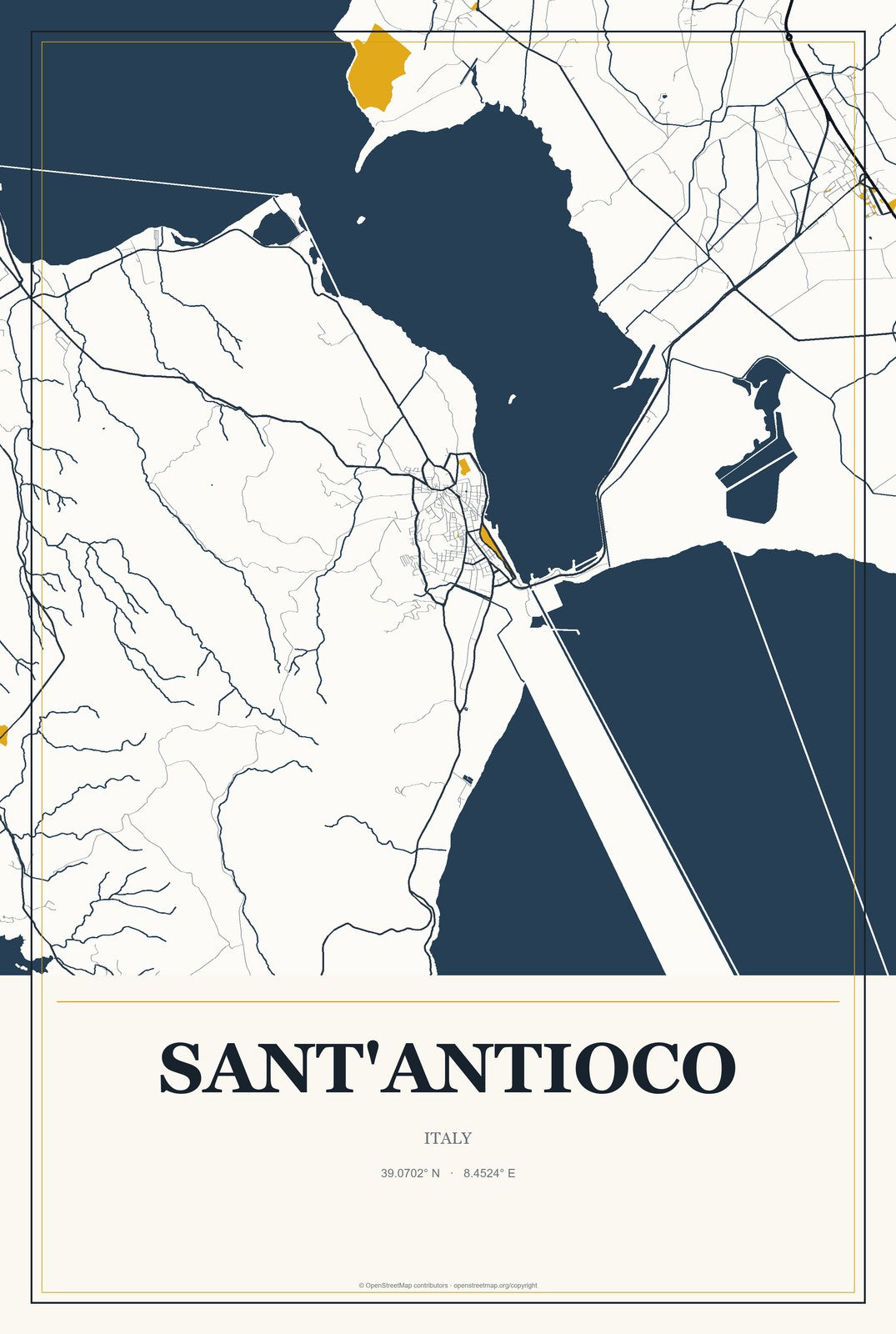 Sant'Antioco, Italy City Map Aluminum Sign in Citrine Modern style