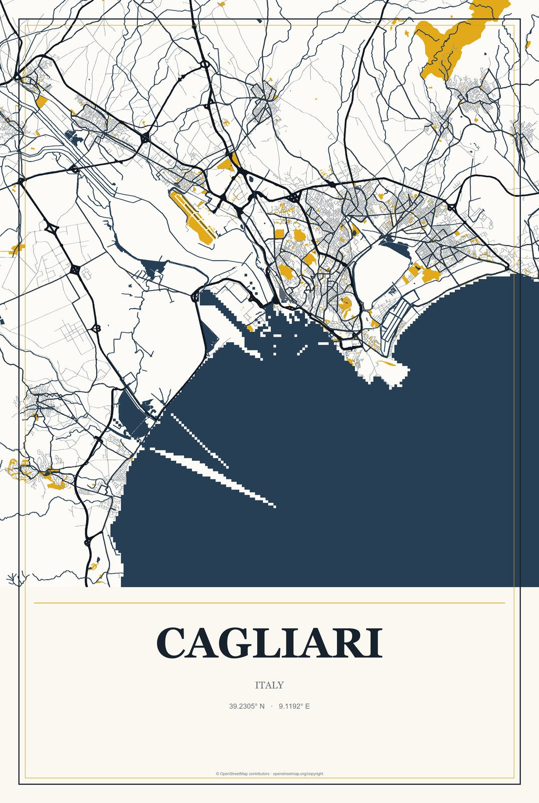 Cagliari, Italy City Map Aluminum Sign in Citrine Modern style