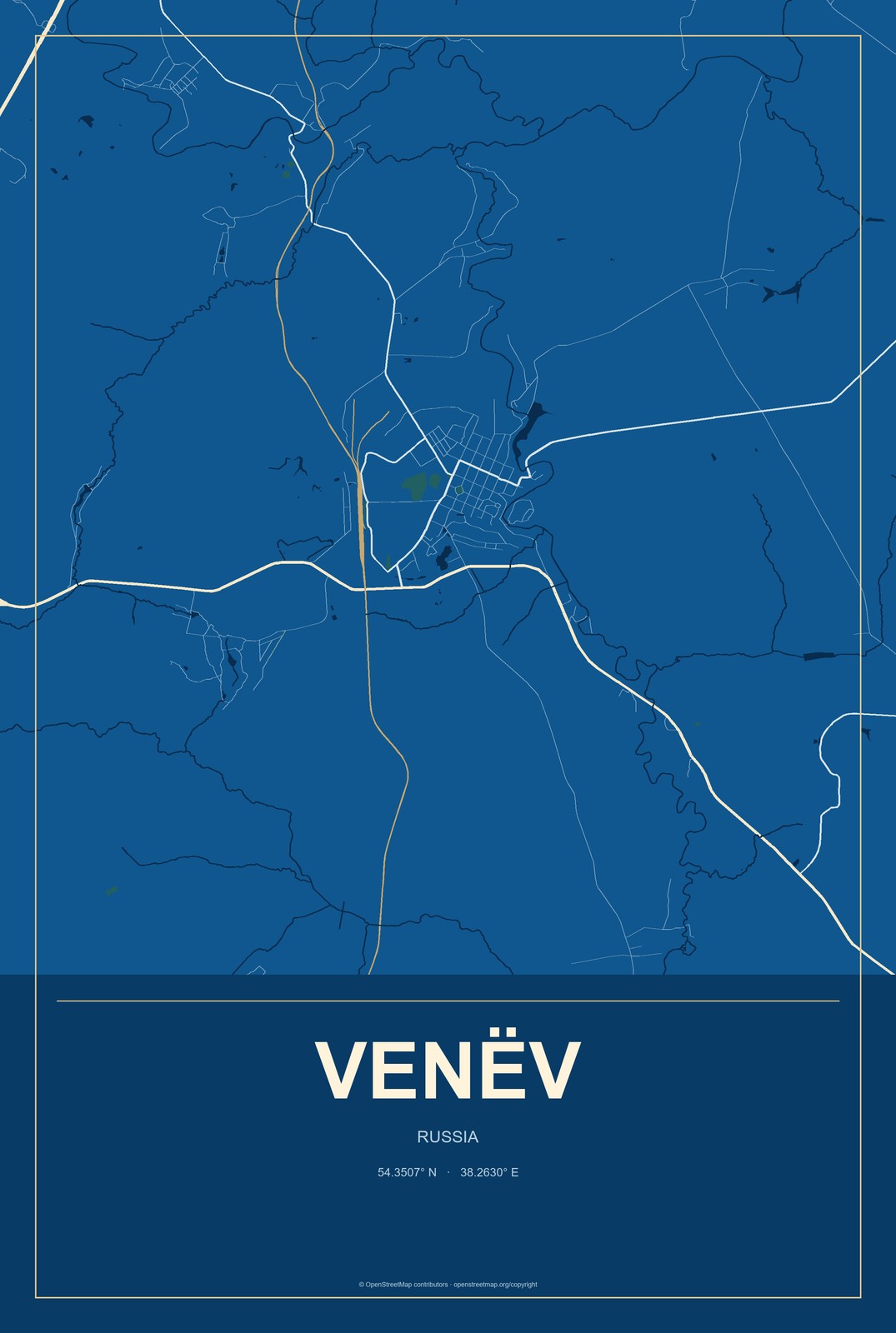 Venëv, Russia City Map Aluminum Sign in Harbor Cobalt style