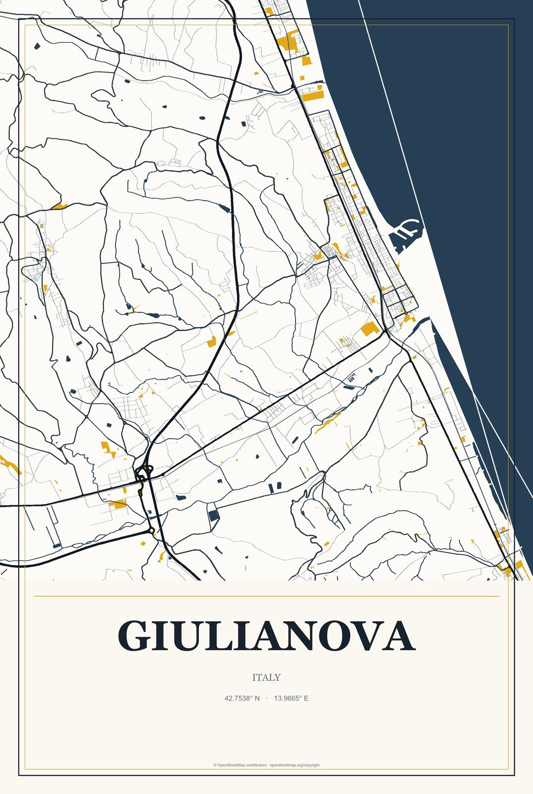 Giulianova, Italy City Map Aluminum Sign in Citrine Modern style