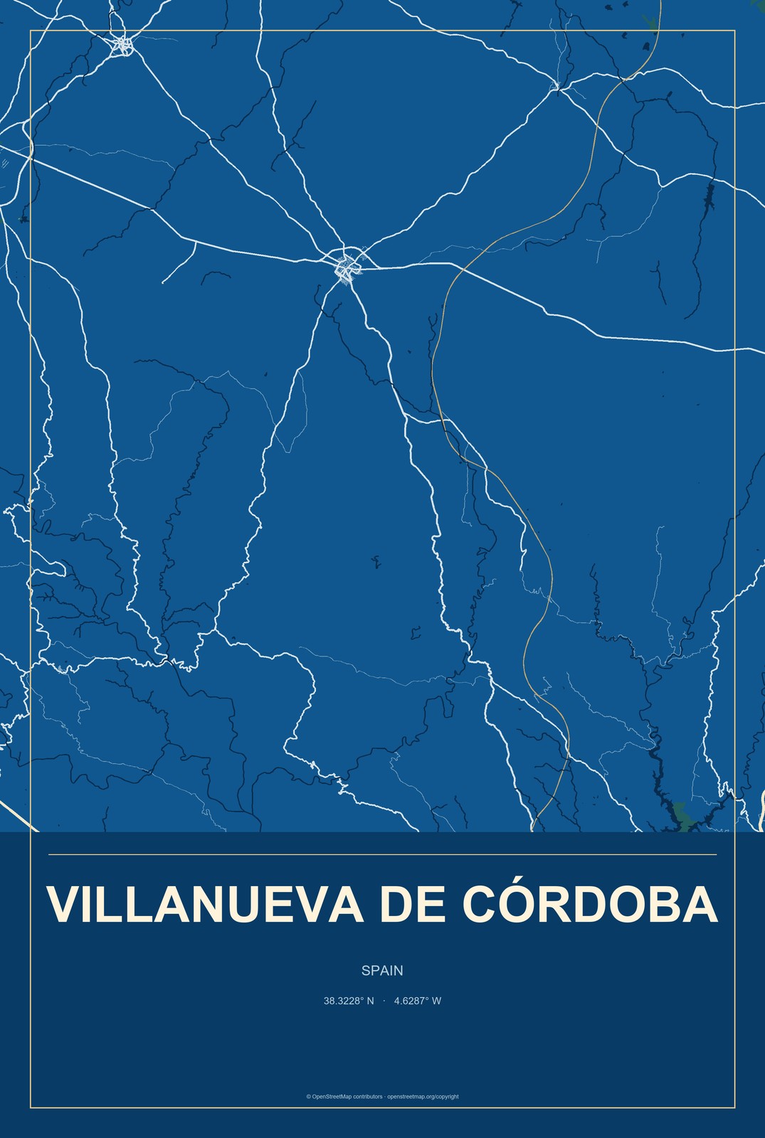 Villanueva de Córdoba, Spain City Map Aluminum Sign in Harbor Cobalt style