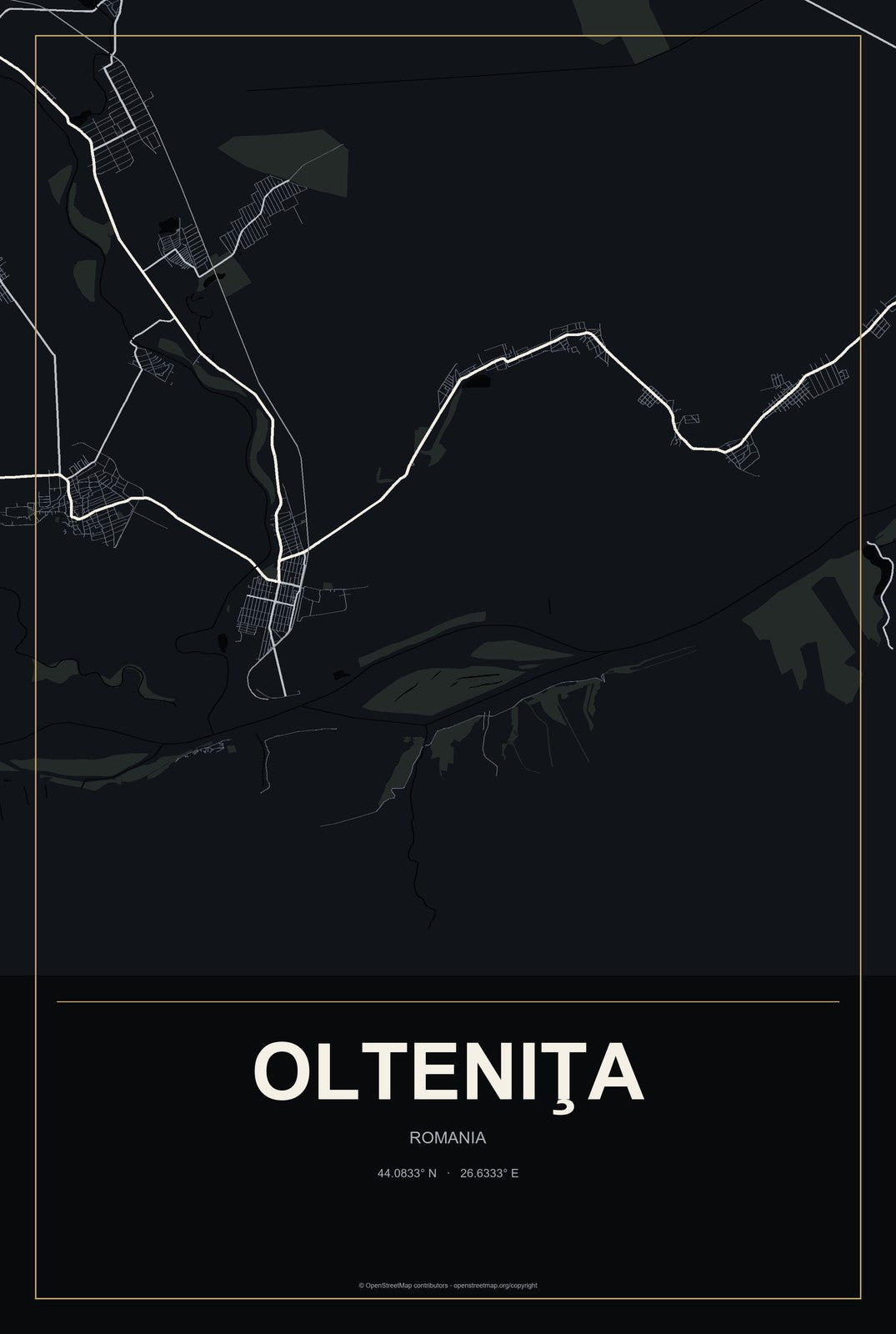 Olteniţa, Romania City Map Aluminum Sign in Metropolitan Noir style