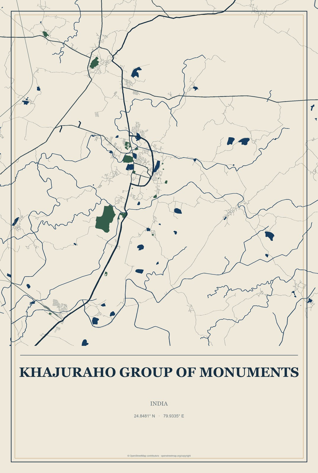 Khajuraho Group of Monuments, India City Map Aluminum Sign in Coastal Cutout style