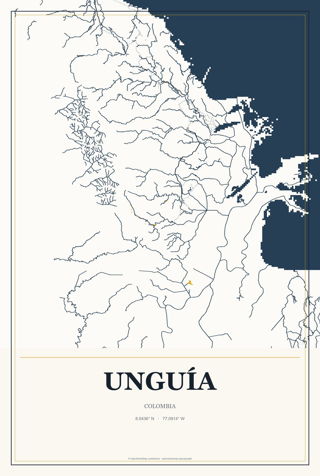 Unguía, Colombia City Map Aluminum Sign in Citrine Modern style