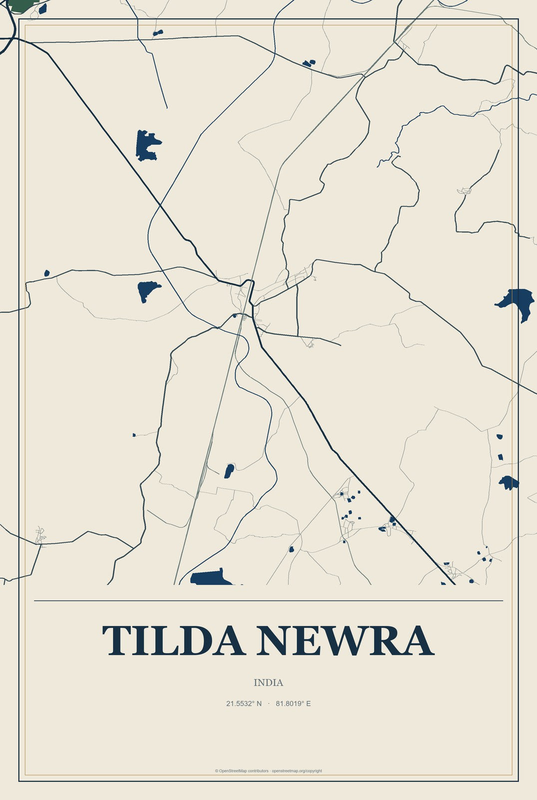 Tilda Newra, India City Map Aluminum Sign in Coastal Cutout style