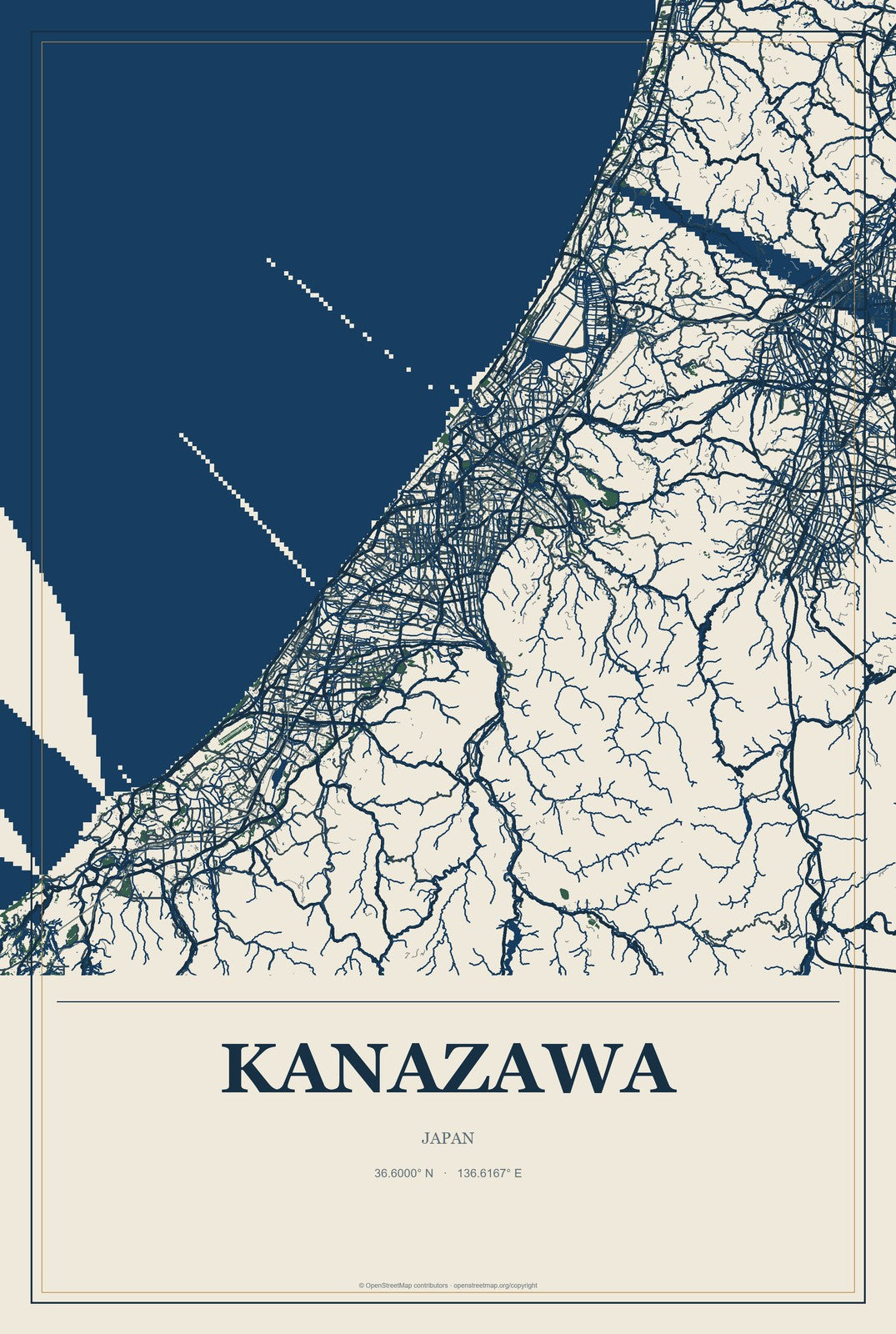 Kanazawa, Japan City Map Aluminum Sign in Coastal Cutout style