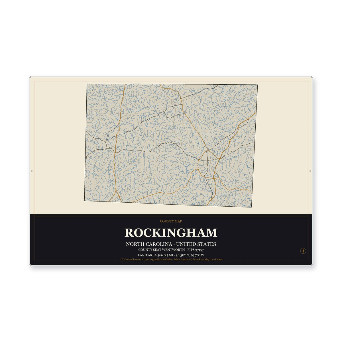 Rockingham County, North Carolina Map Aluminum Sign in Museum Plaque style