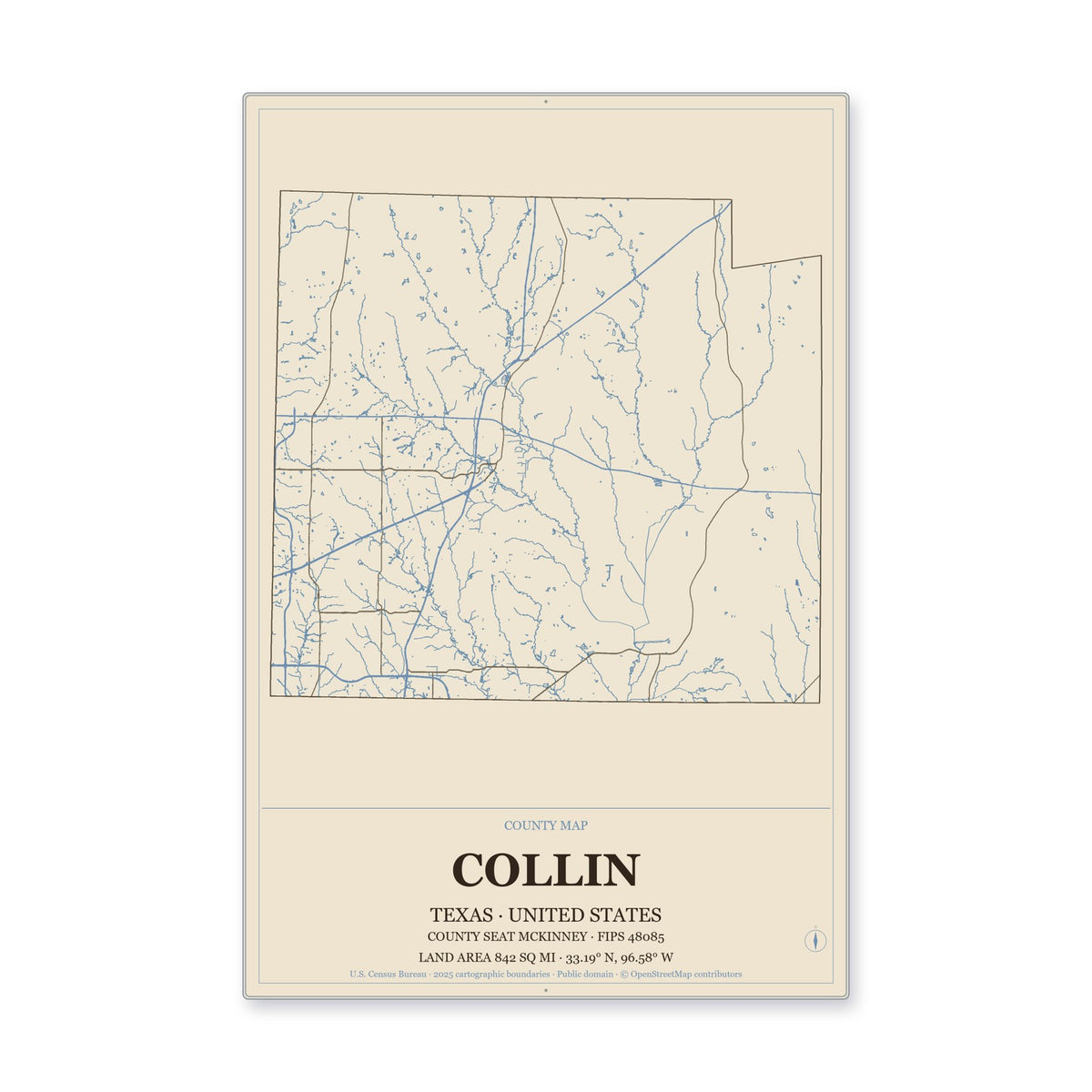 Collin County, Texas Map Aluminum Sign in Heritage Nautical style