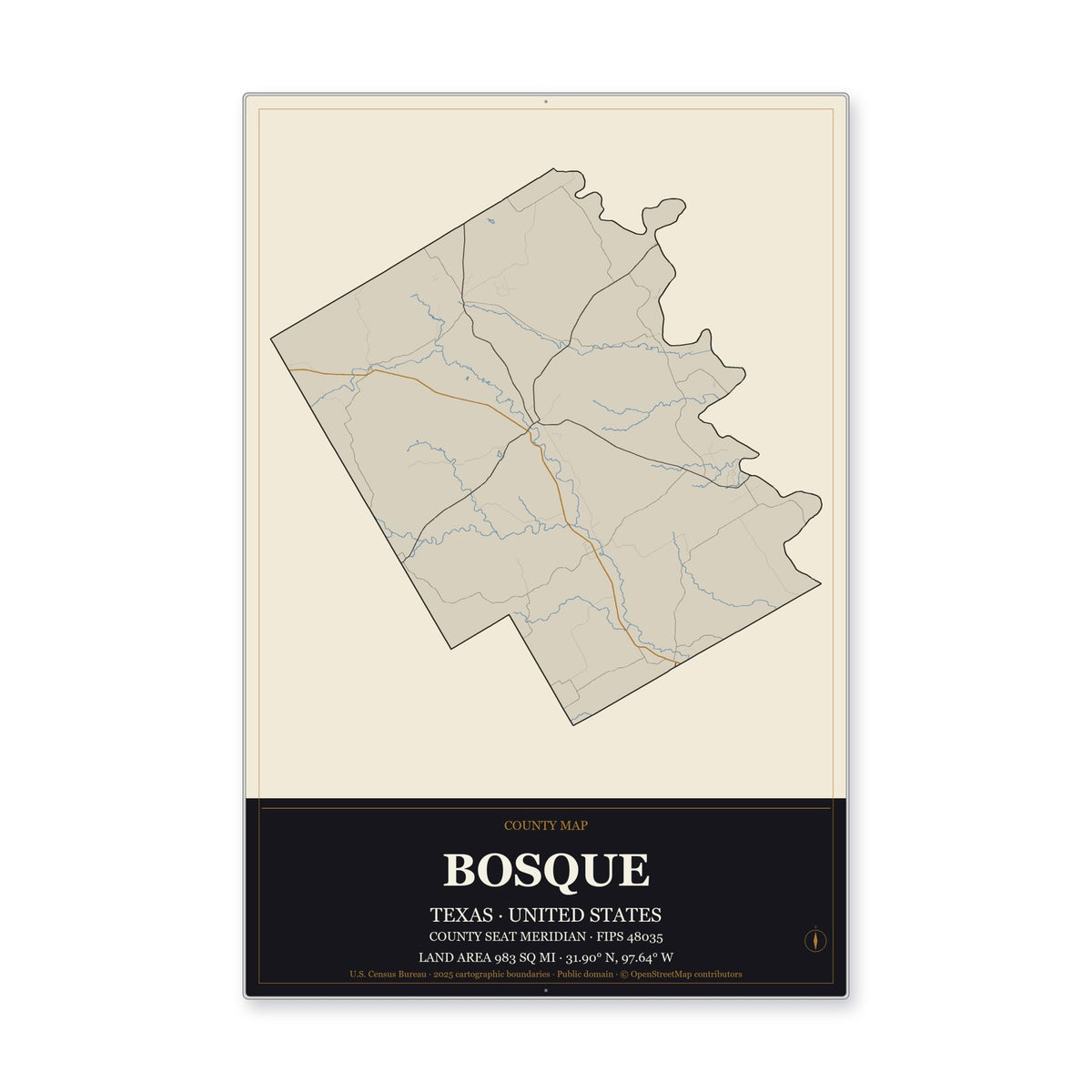 Bosque County, Texas Map Aluminum Sign in Museum Plaque style