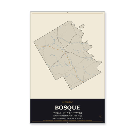 Bosque County, Texas Map Aluminum Sign in Museum Plaque style