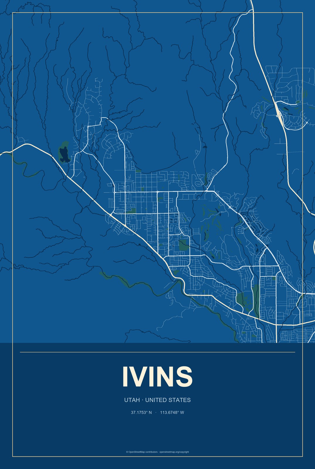 Ivins, Utah City Map Aluminum Sign in Harbor Cobalt style