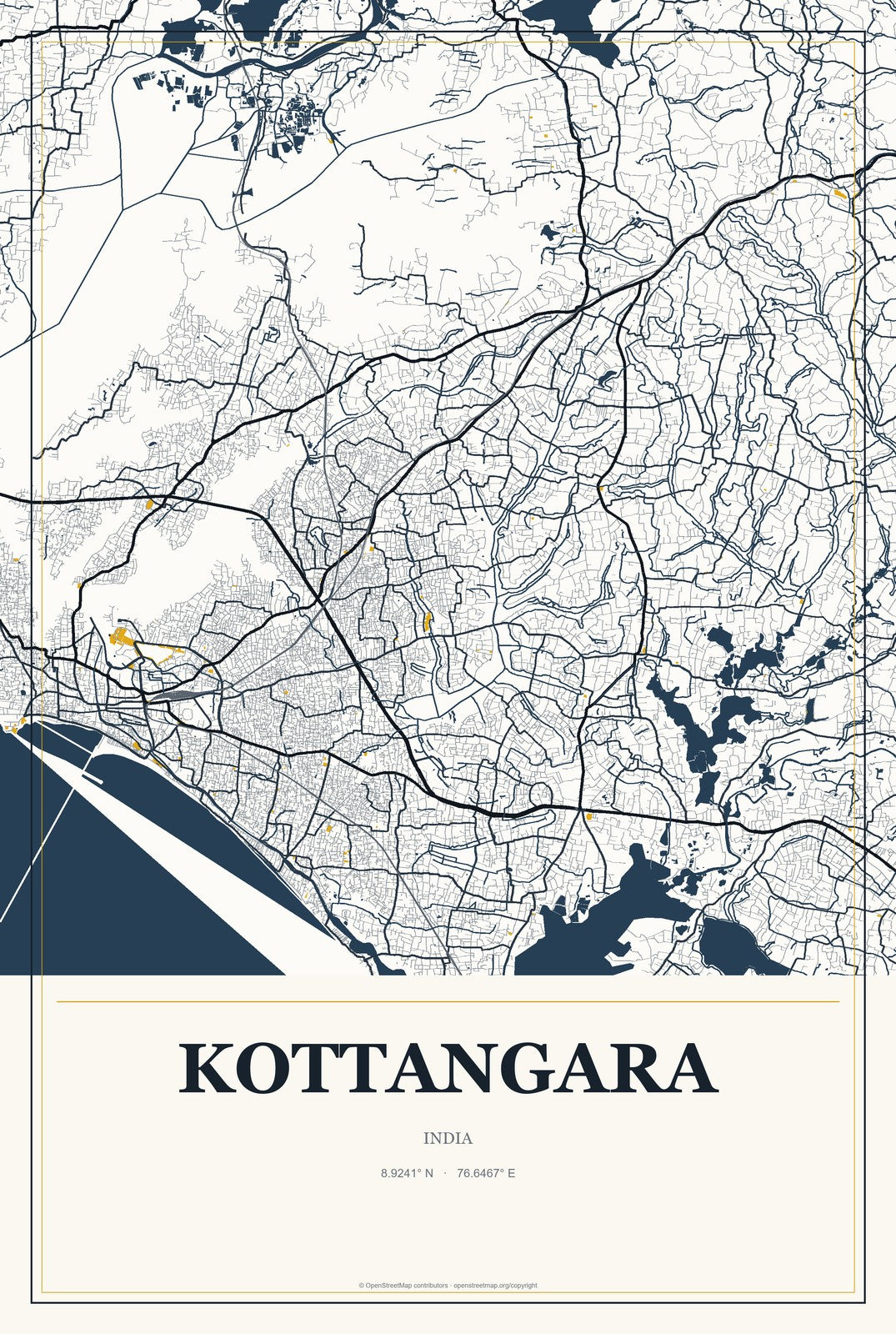 Kottangara, India City Map Aluminum Sign in Citrine Modern style