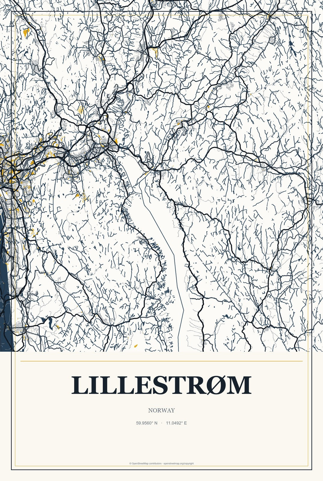 Lillestrøm, Norway City Map Aluminum Sign in Citrine Modern style