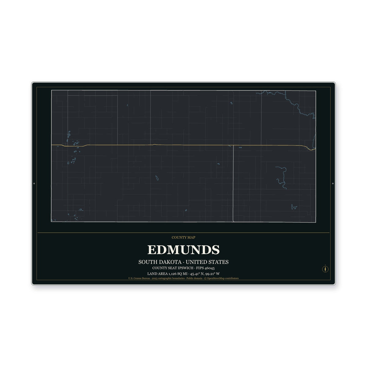 Edmunds County, South Dakota Map Aluminum Sign in Metropolitan Noir style