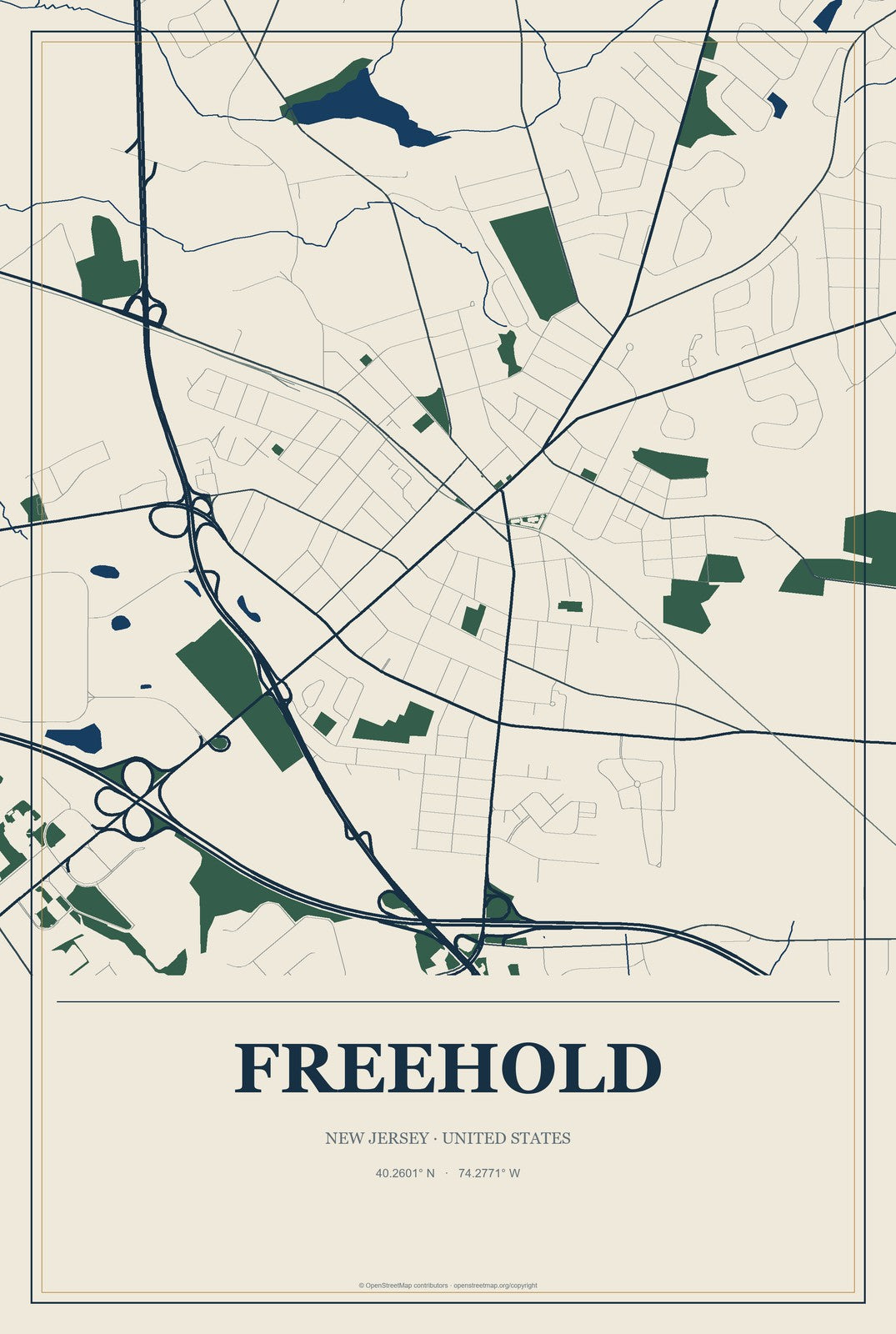 Freehold, New Jersey City Map Aluminum Sign in Coastal Cutout style